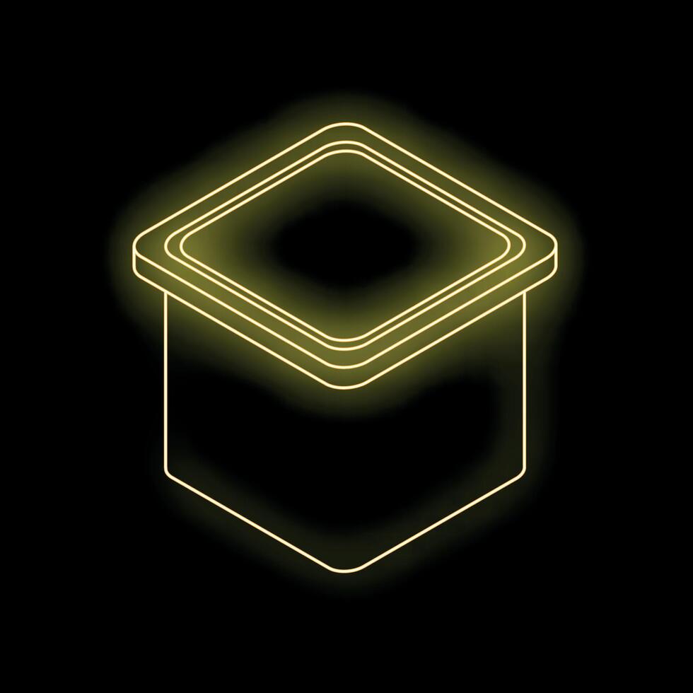 Glowing neon yellow food container on black background vector