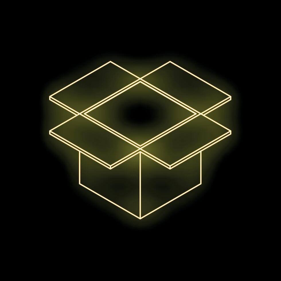 Open cardboard box glowing with neon light on black background vector