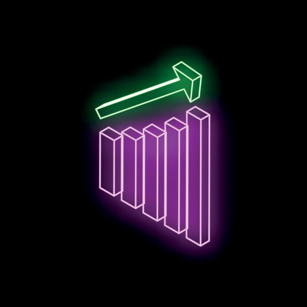 Neon green arrow increasing over purple bars chart on black background vector