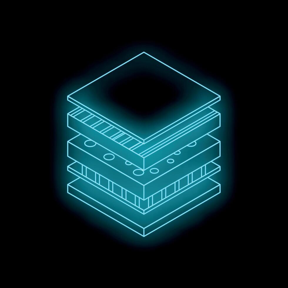Neon cube showing different layers of material in isometric view vector