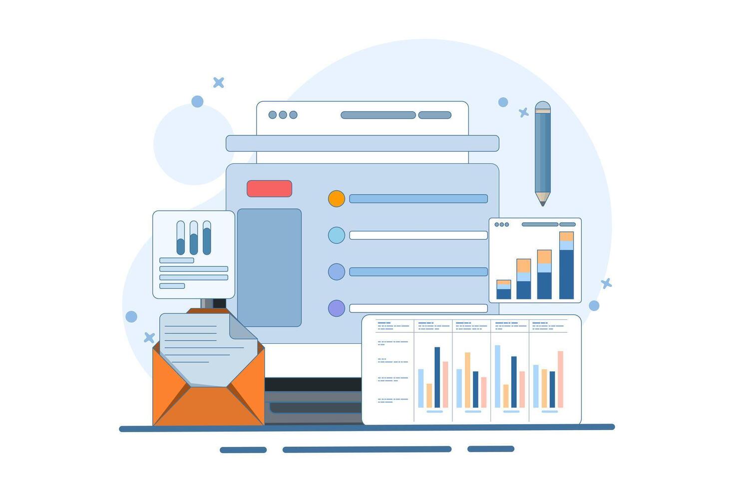 Online digital mail media content. Email service network website feedback. Information about events, activities, company information and announcements. Email message correspondence. vector