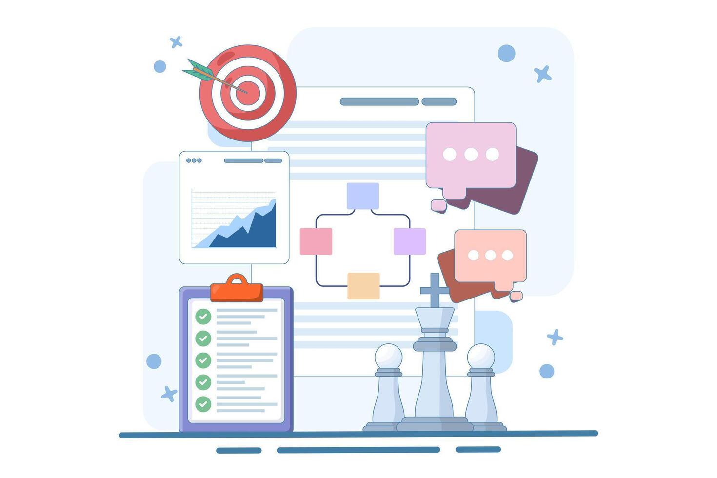 Strategic planning concept, goal setting, organizational alignment, strategic direction, strategic vision, actionable goals, goal achievement, flat illustration on background. vector