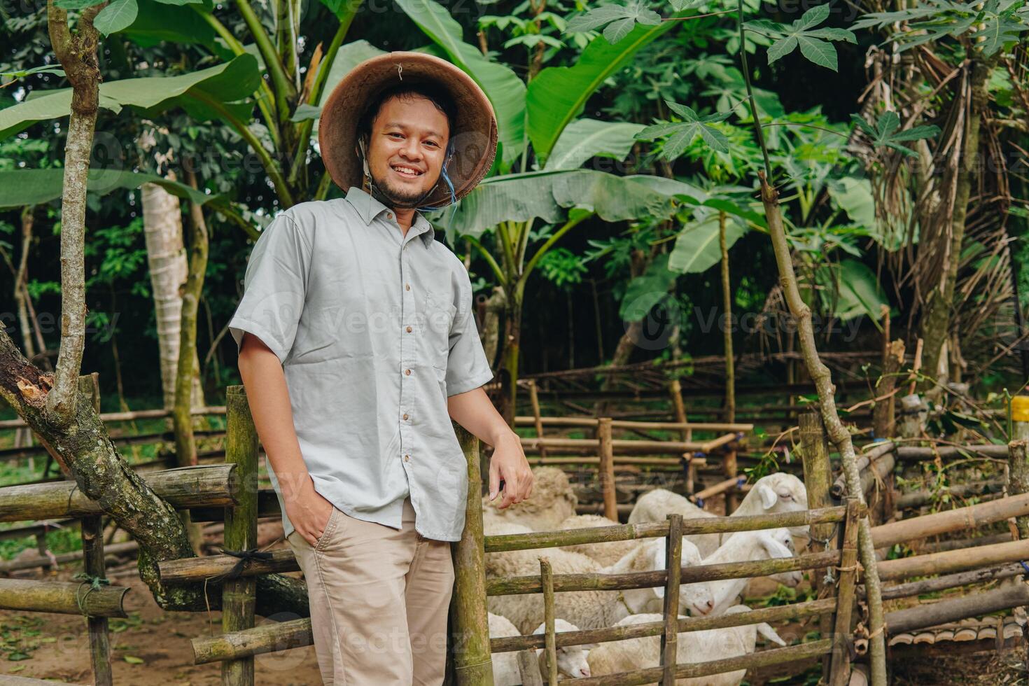 Cheerful Asian Muslim man standing in front of livestock goats for sacrifices behind. Eid Al Adha concept. photo