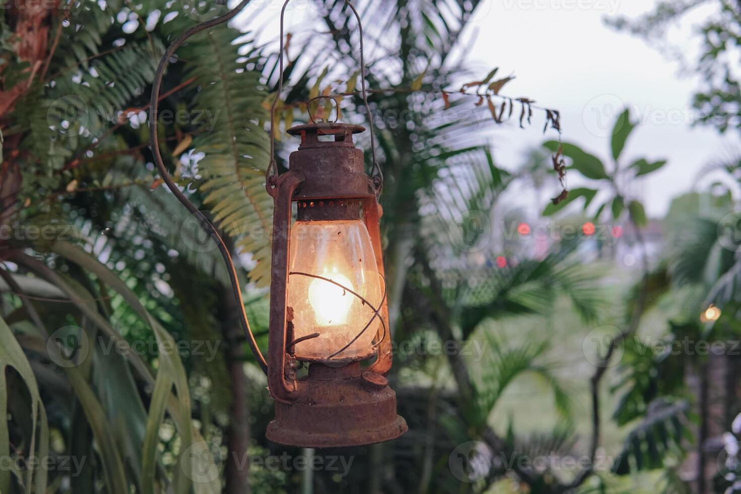An oil lamp lantern hanging from a tree with a light inside. The lantern is old and rusted. photo