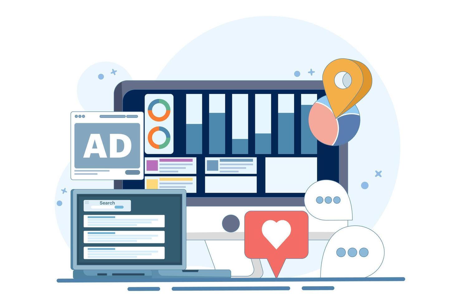 Digital marketing report concept, website marketing analysis, social media advertising data analysis, SEO audit, content analysis, online website audit and data analysis, flat illustration. vector