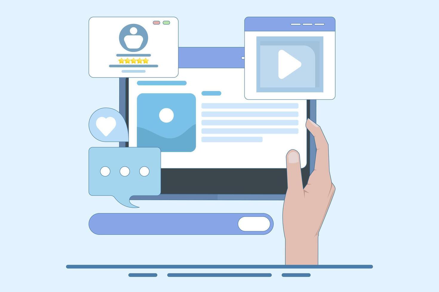 Concept of reading website content based on audience, Content ranking, Content marketing in search engines, Social media content with likes, shares and comments. illustration background. vector