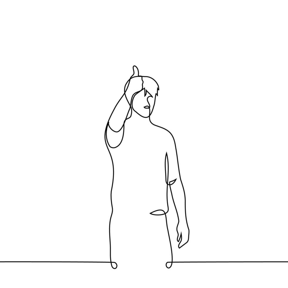 man standing raised hand with thumb up - one line art . concept man approves, male audience reacts positively vector