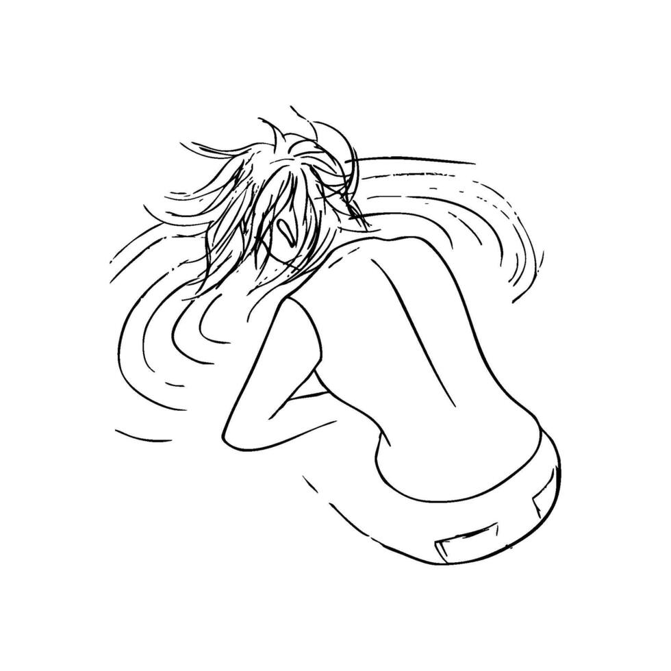 woman sitting with her back bent over water with circles on the surface - hand drawn line art sketch vector