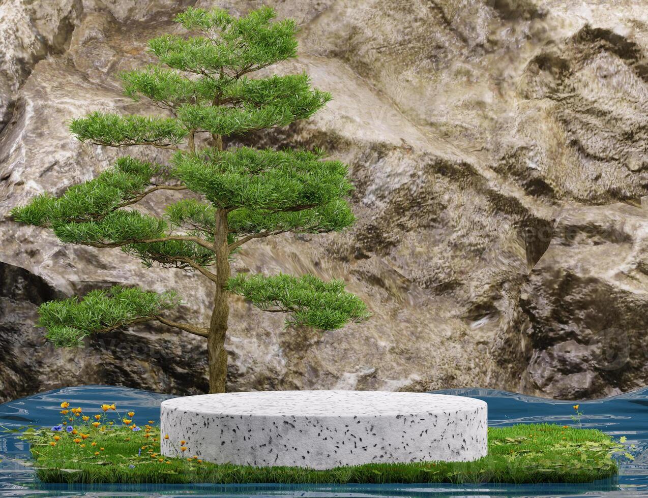 A white propylene circular podium on a grassy lawn photo