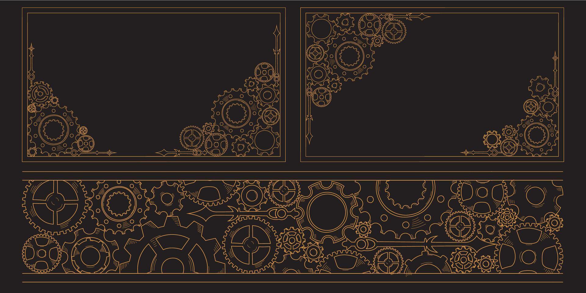 Hand-drawn colorful cogwheel gear frame, border, and corner in doodle sketch style, capturing the concept of teamwork and business progress. vector