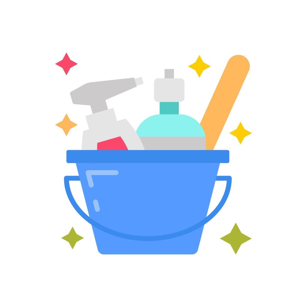 A bucket with cleaning supplies and a bottle of hand sanitizer vector