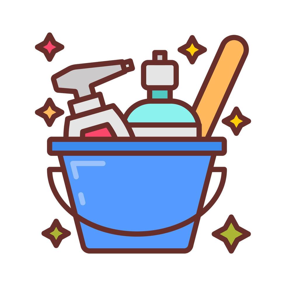 A bucket with cleaning supplies and a bottle of hand soap vector
