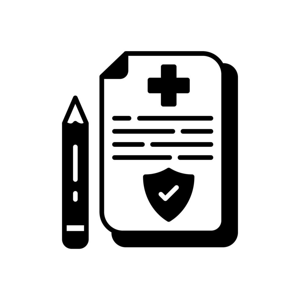 A black and white image of a medical document and pen vector