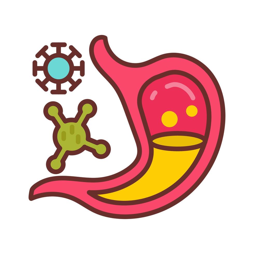 An illustration of a human stomach with a virus and other items vector
