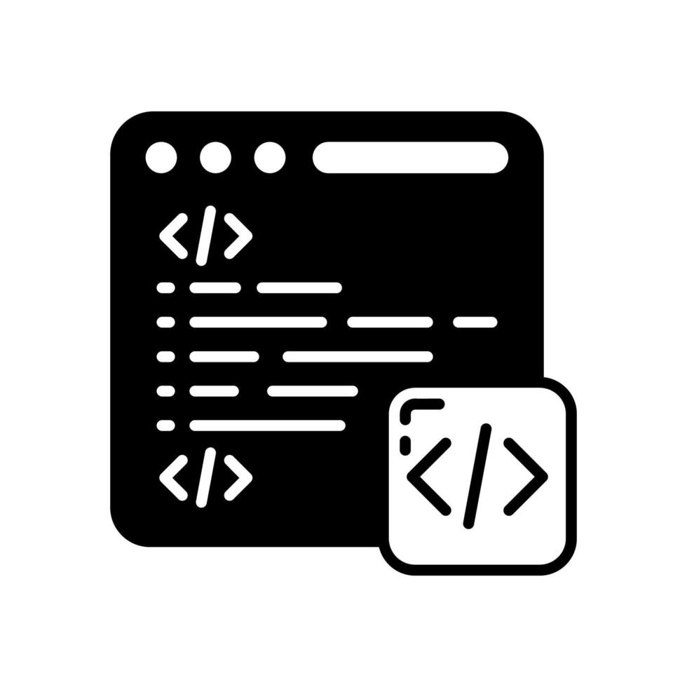 A black and white icon of a computer screen with a code vector