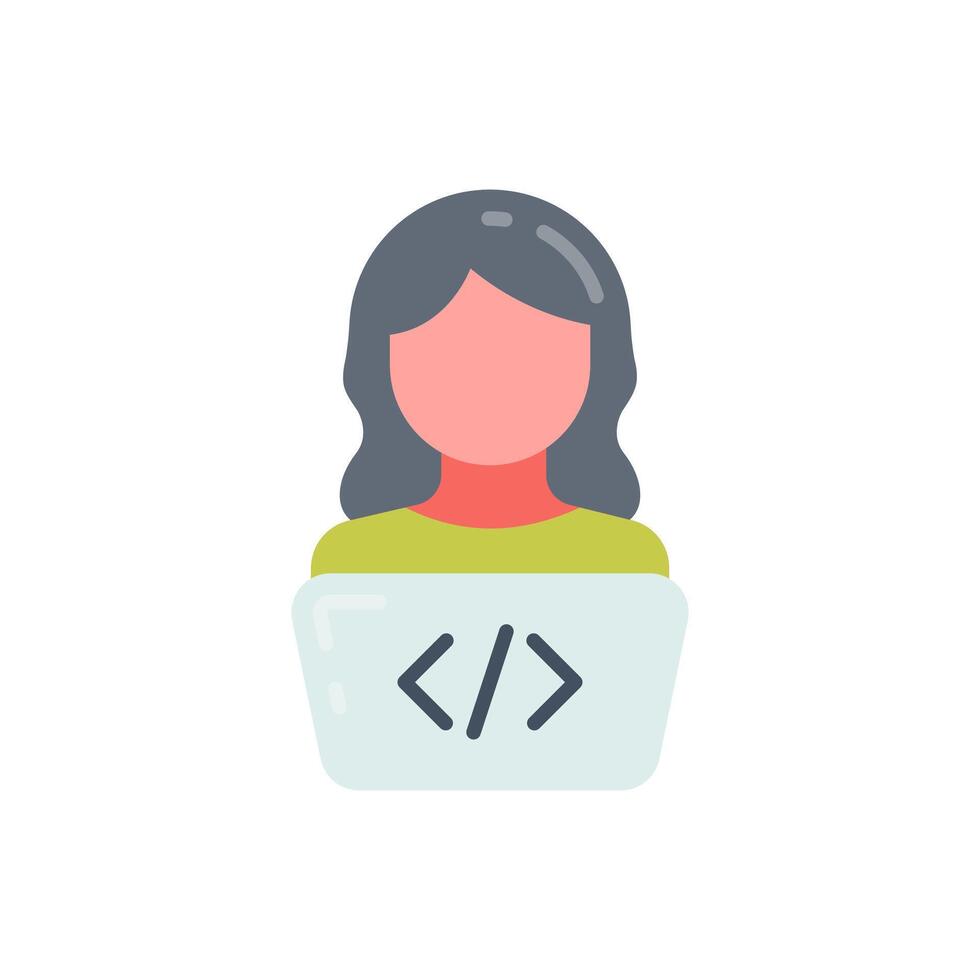 A woman with a computer and a code symbol vector