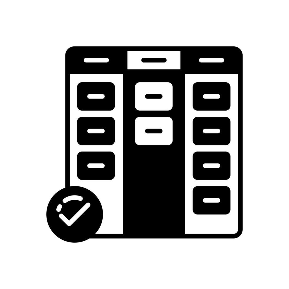 A black and white icon of a computer with a check mark vector