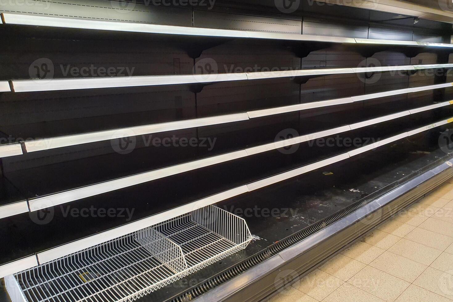 Empty grocery store shelves with no products photo