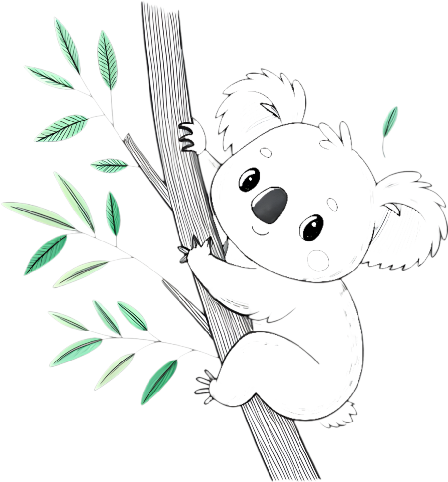 Lovely Koala Hugging Eucalyptus Branch in Relaxed Pose. . png