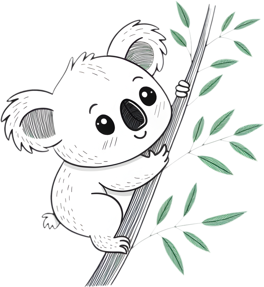 Sweet Koala Hugging Eucalyptus Branch in Cozy Pose. . png