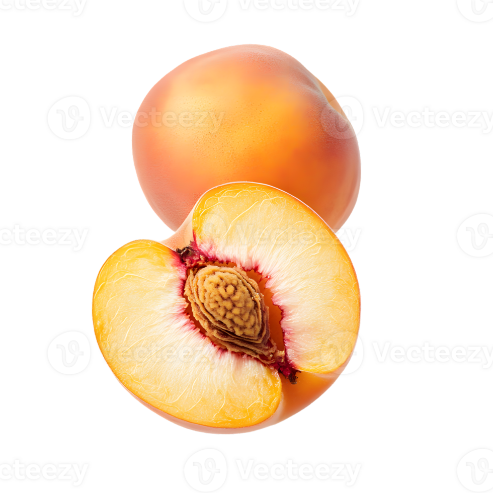 A Whole Peach Beside a Halved Peach with a Pit png