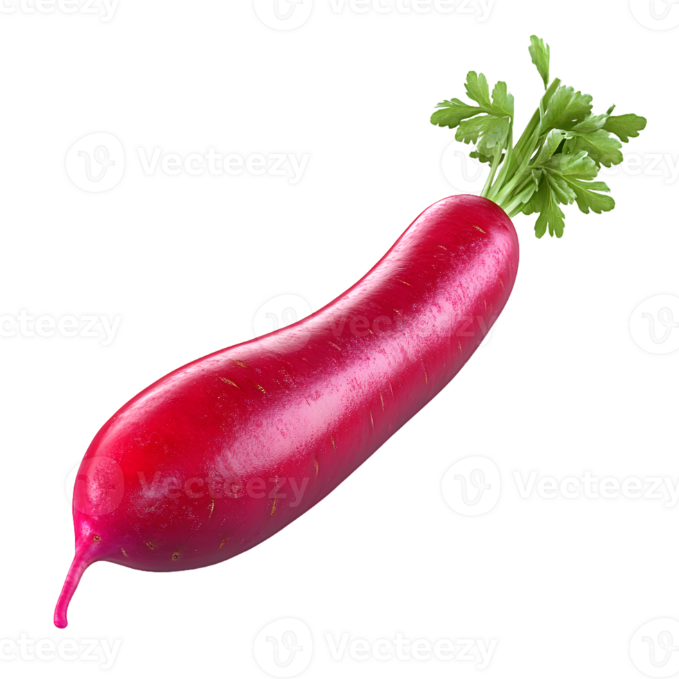 A Single, Vivid Red Radish with Green Stem and Leaves png
