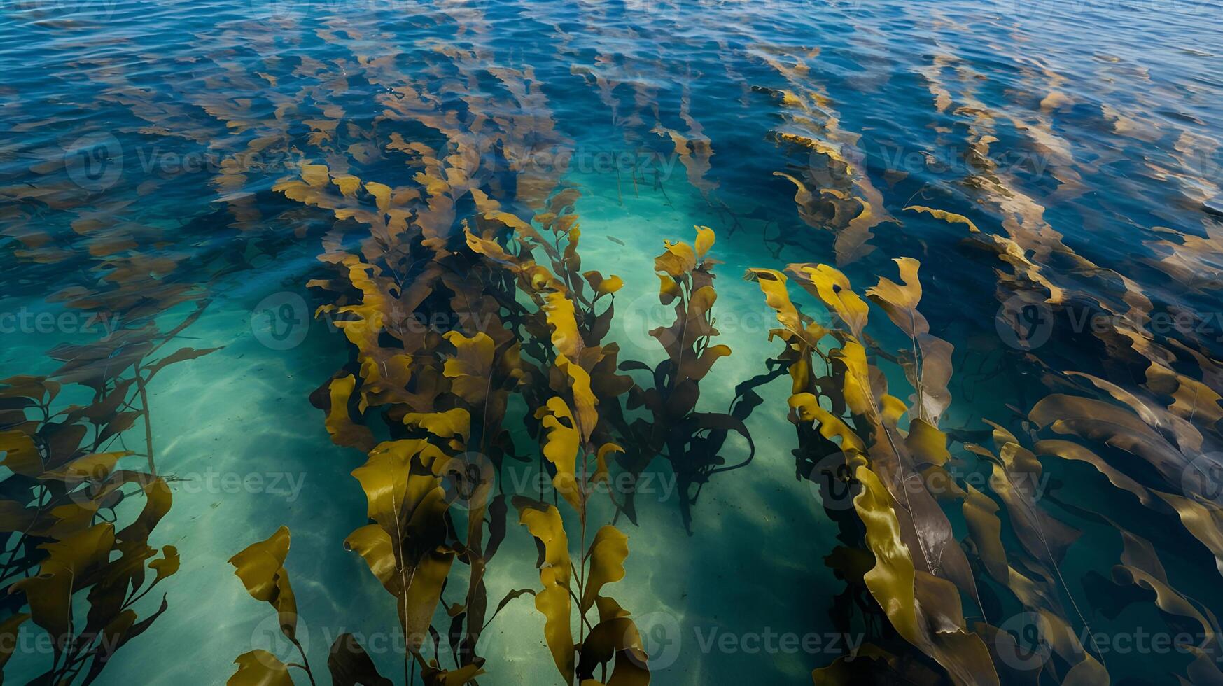 Top-Down Aerial View of a Dense Kelp Forest in Clear Ocean Water photo
