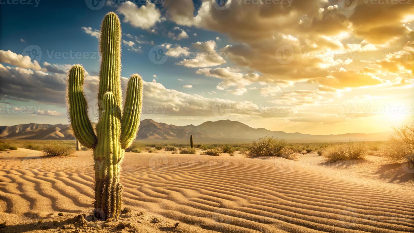 Sunlit Desert Landscape with a Majestic Cactus photo