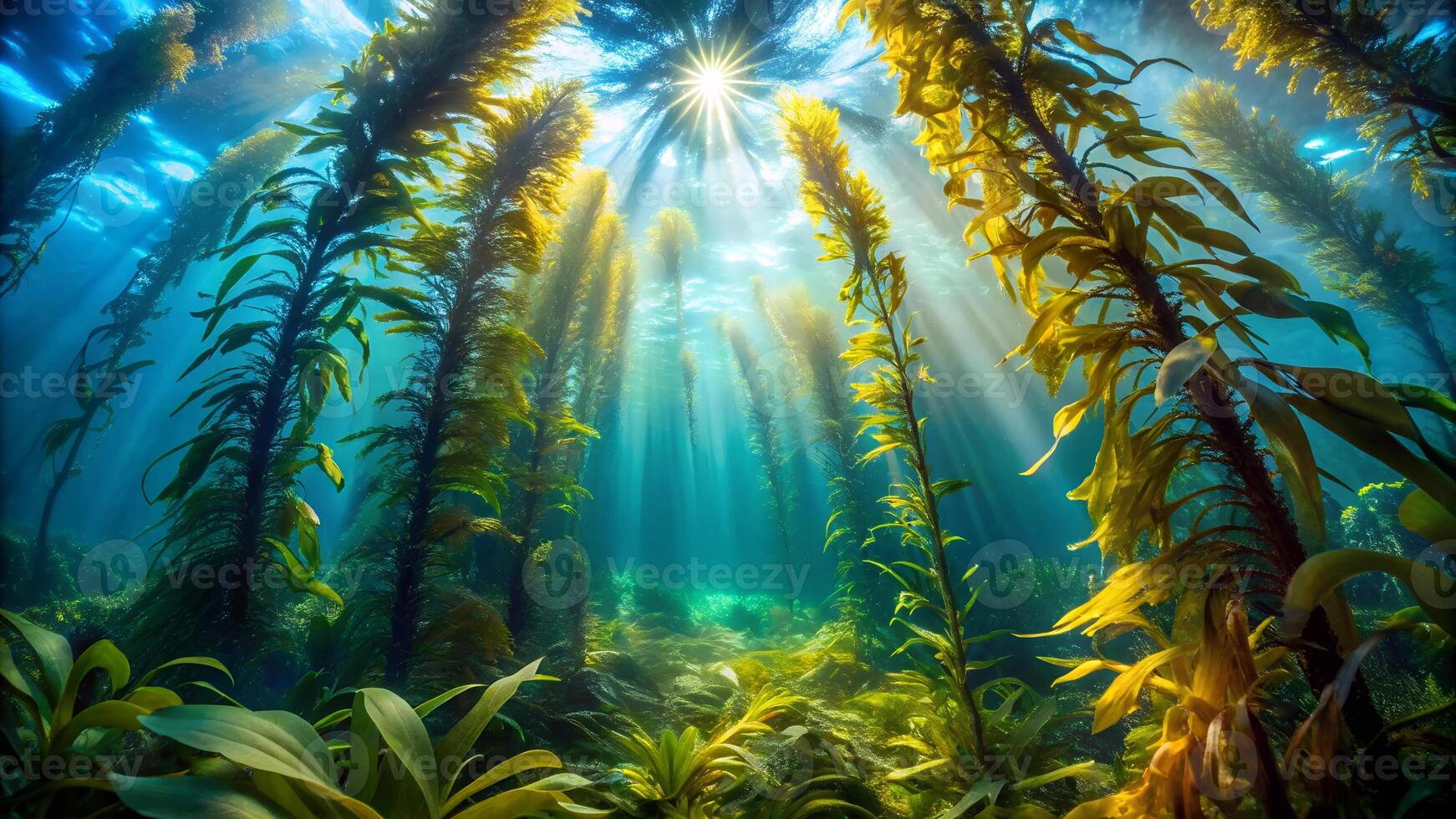 Aerial View of a Dense Underwater Kelp Forest with Sunlight photo