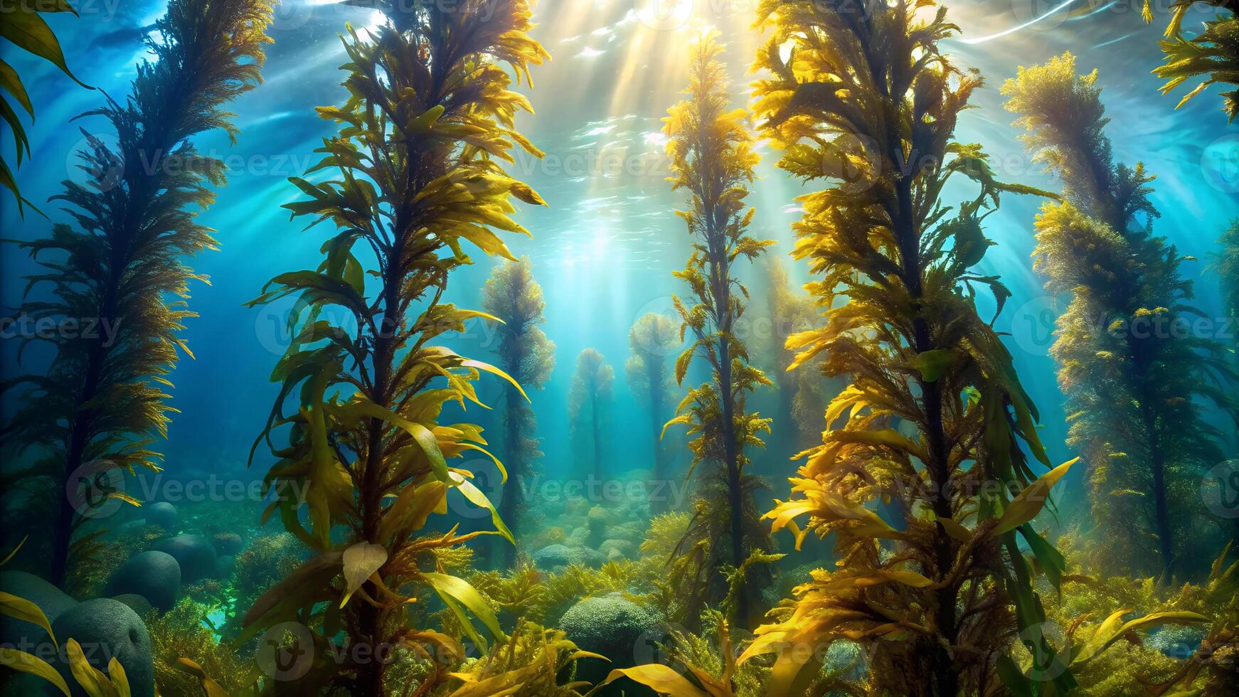 Aerial View of a Dense Underwater Kelp Forest with Sunlight photo