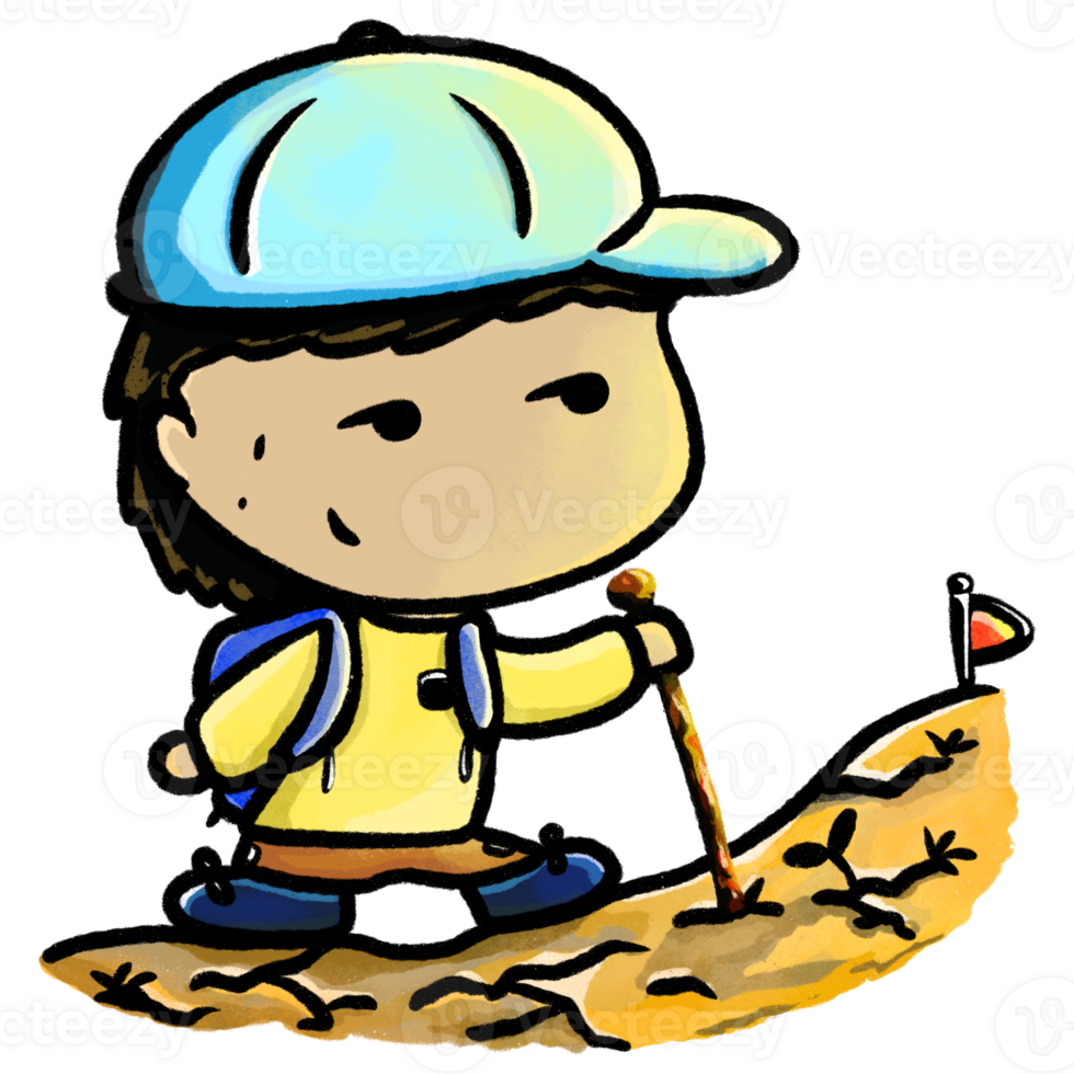 Hiking boy cartoon doodle illustration, boy with trekking pole hiking under the sun png