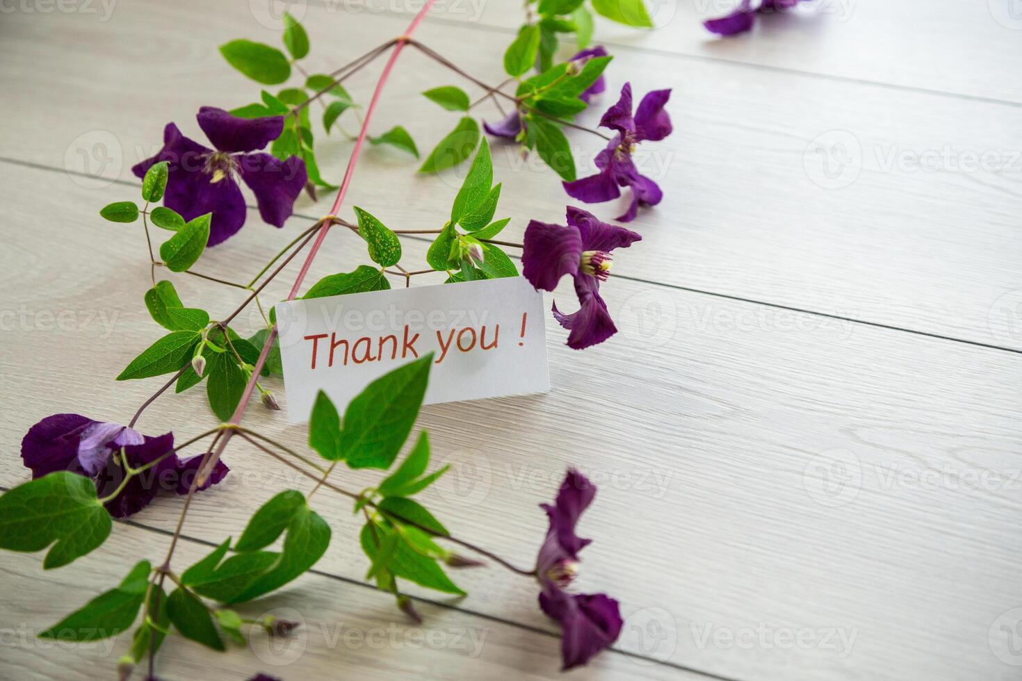branch of blooming purple clematis, on a light wooden table photo