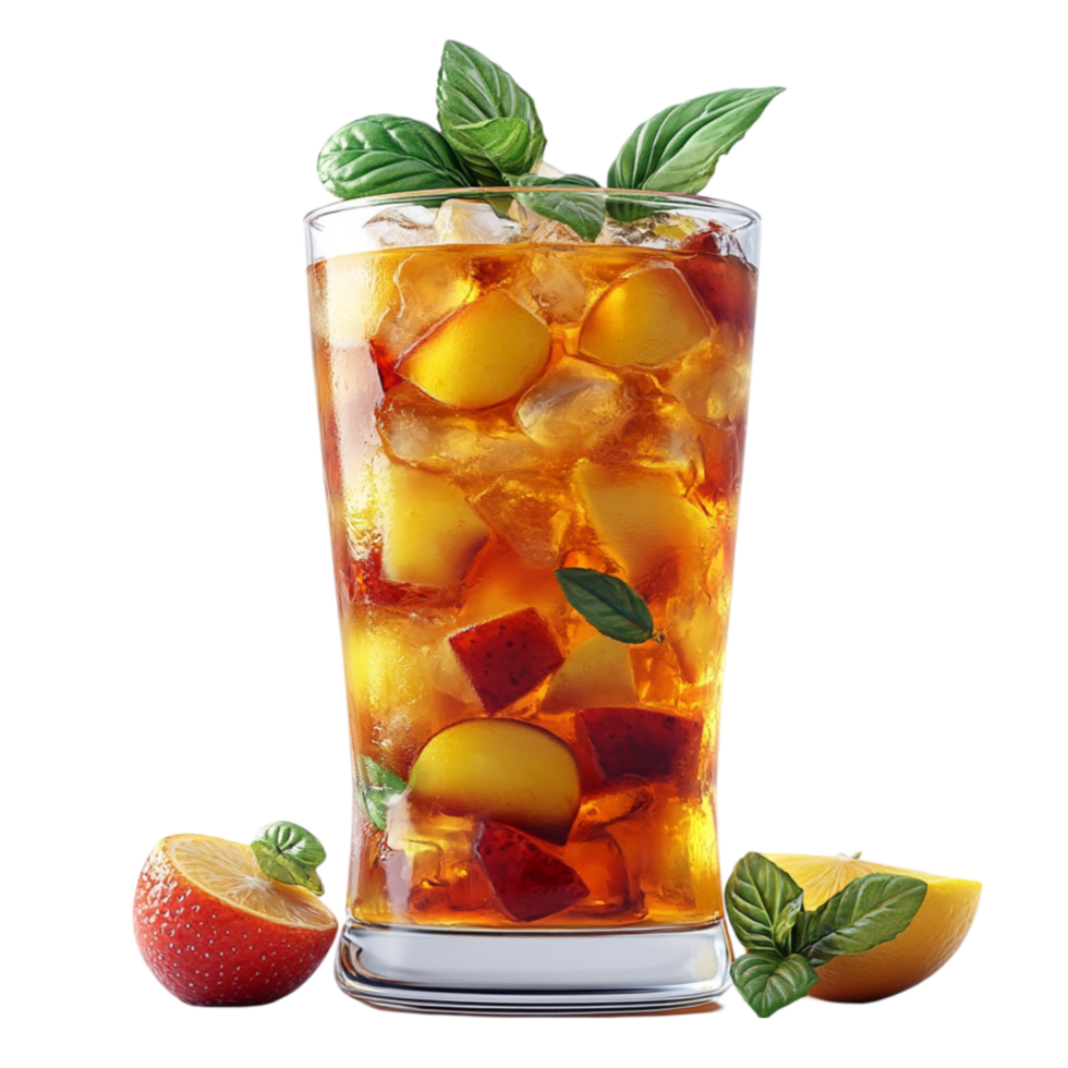 an iced tea with peach slices and mint leaves png