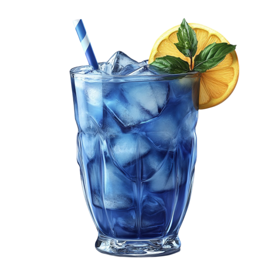 blue cocktail with ice and lemon on transparent background png