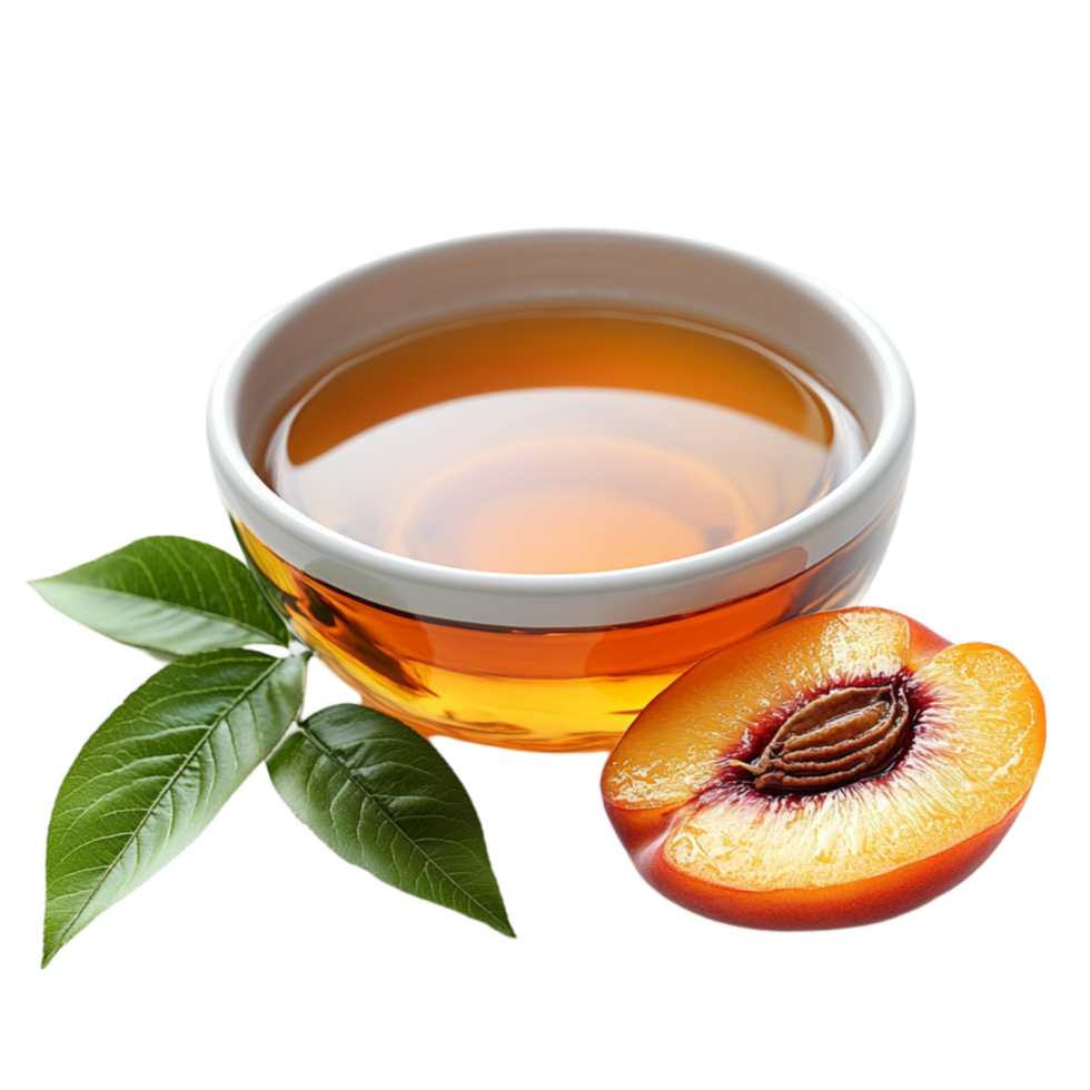 Peach Tea with Peach Slices and Leaves on Transparent Background png