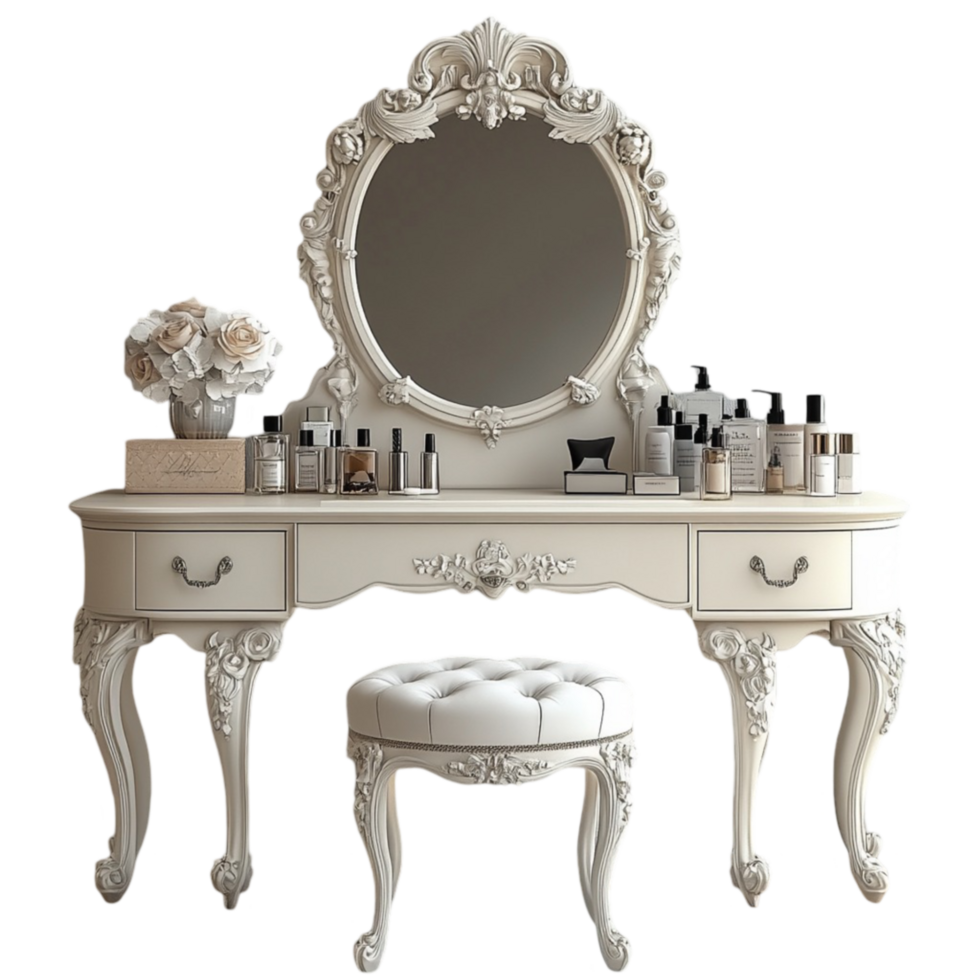 Ornate Vanity with Mirror and Stool png