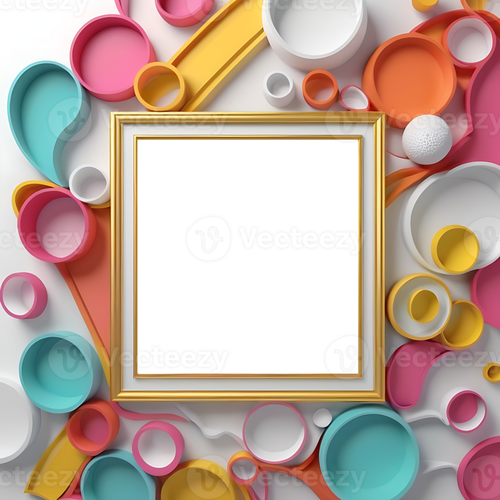 3d render of a frame surrounded by colorful plastic cups png