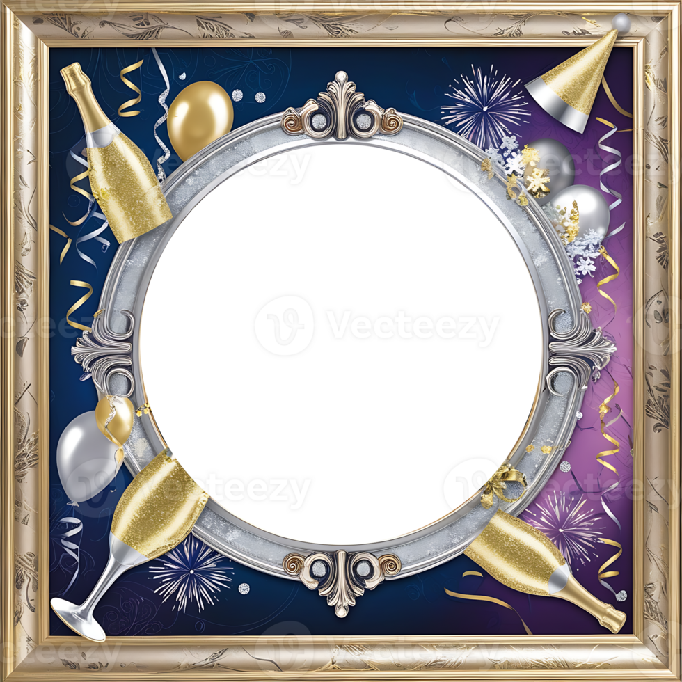 new year frame with champagne bottle, balloons and confetti png