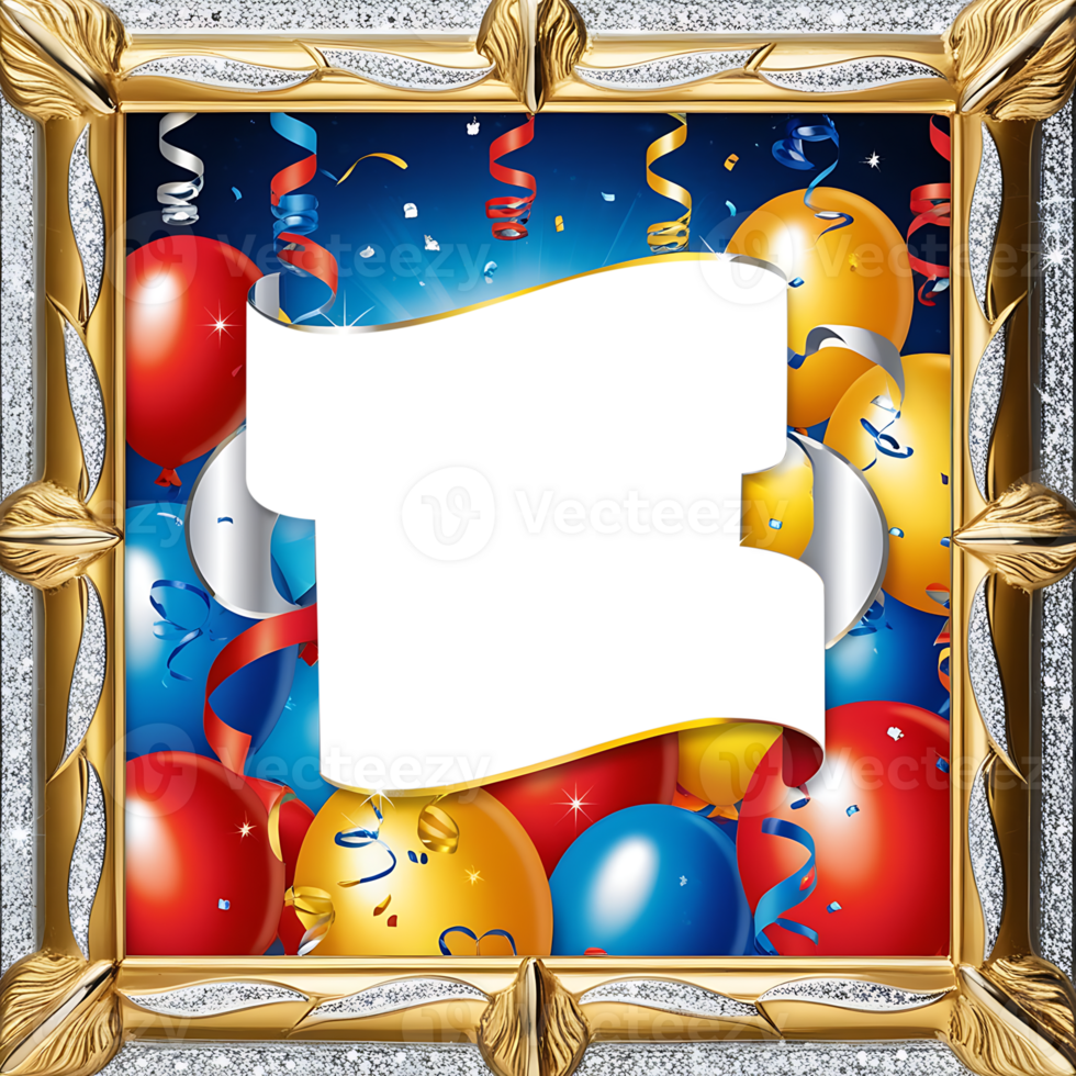 gold frame with balloons and streamers png