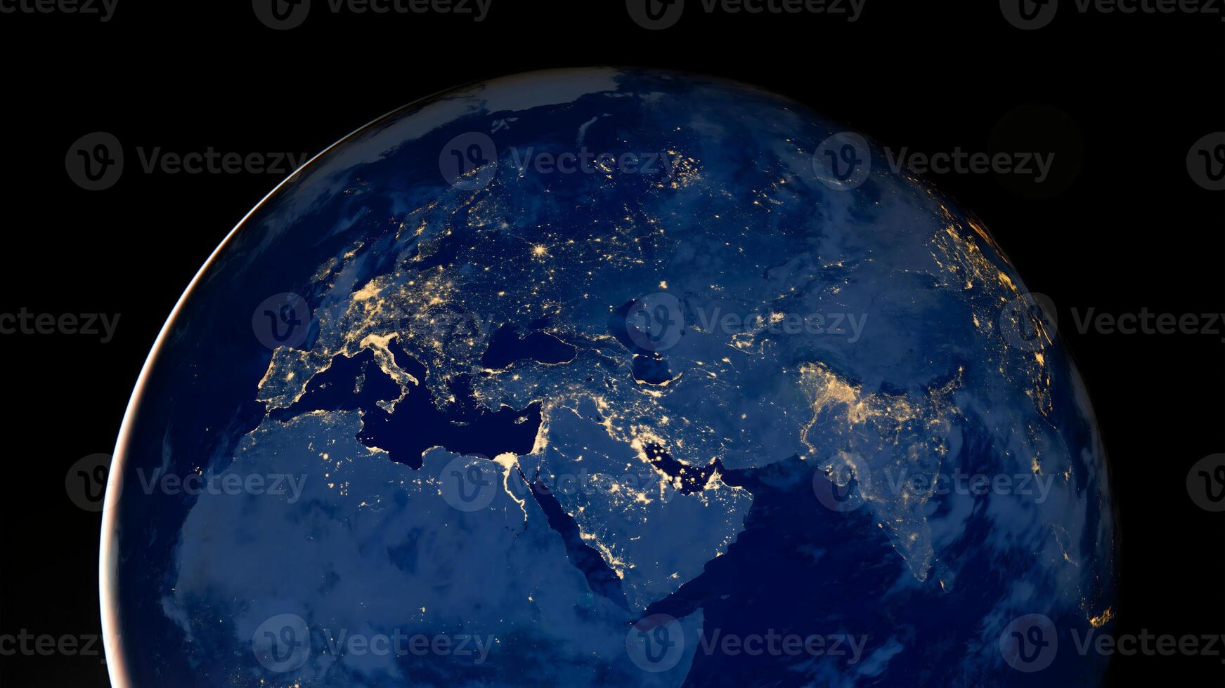 Planet earth photo at night on black background, City Lights of Africa, Europe, and the Middle East from space, World map at night, HD satellite image. Elements of this image furnished by NASA.