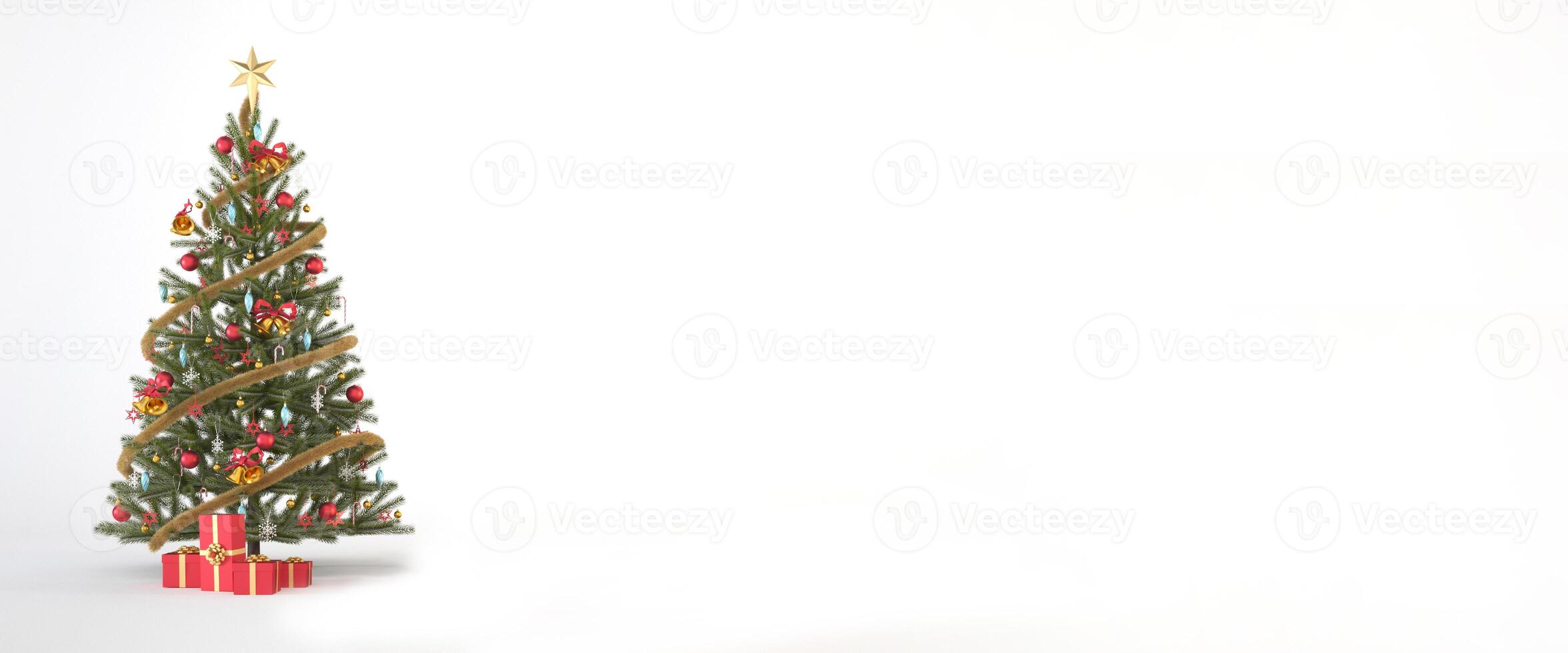Christmas tree with red and gold ornaments with copy space. New year concept banner or header design, 3d render illustration. photo