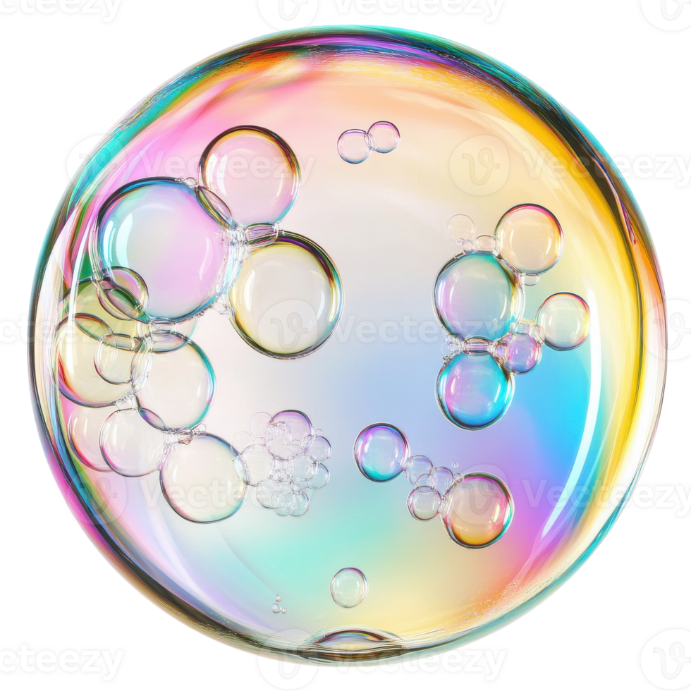 Large Colorful Bubble Surrounded by Smaller Soap Bubbles for Creative Projects on transparent background png