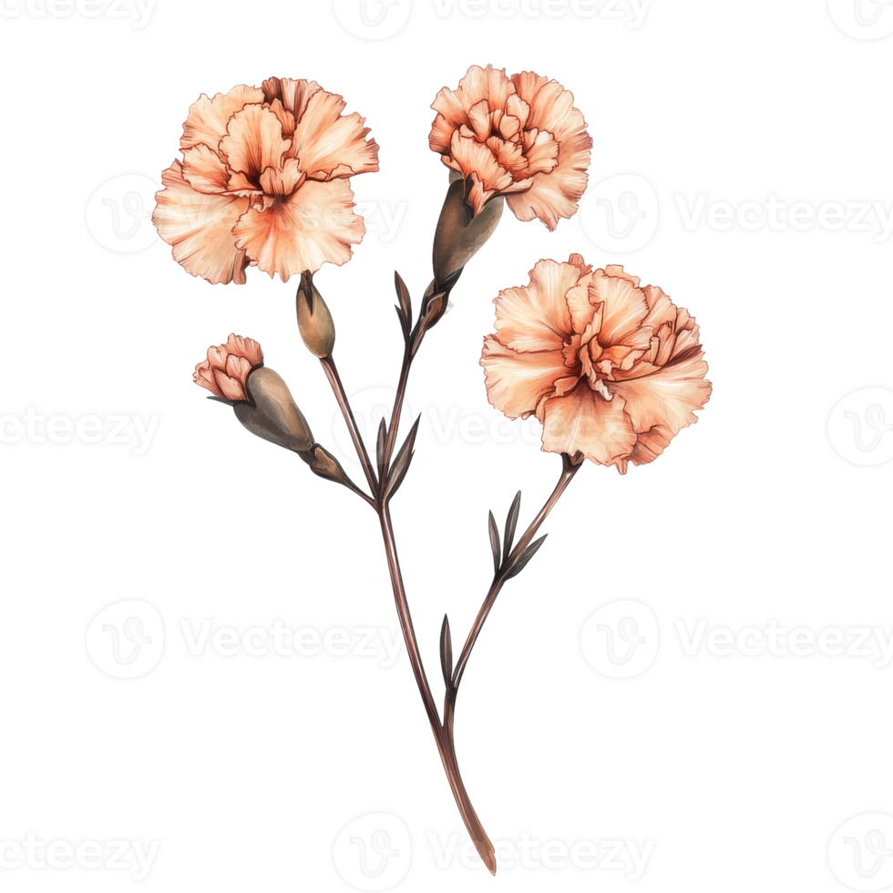 Apricot Carnation Flower Branch Isolated on White Background for Floral Arrangements on transparent background png