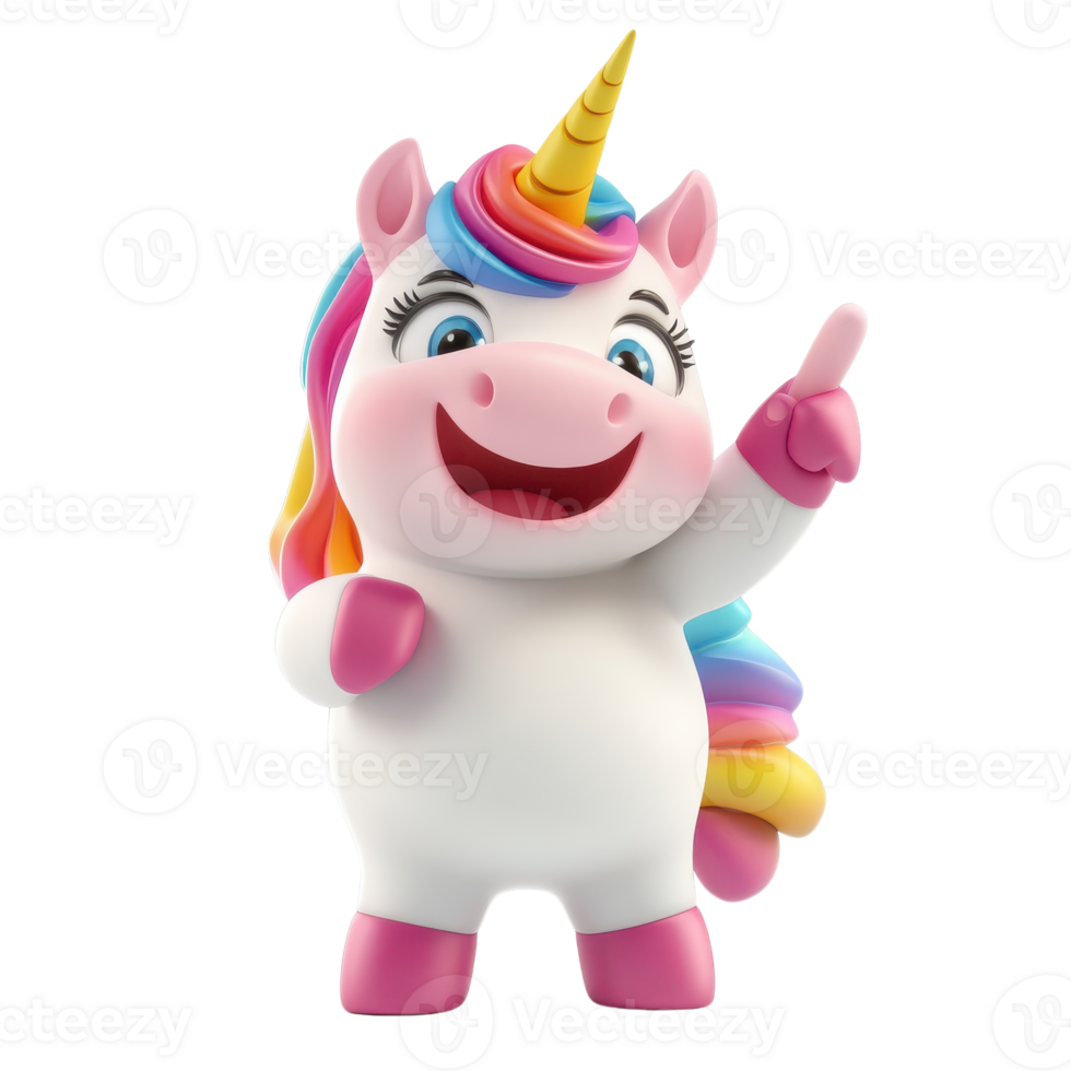 Cheerful Cartoon Unicorn Character Pointing for Illustration and Design on transparent background png