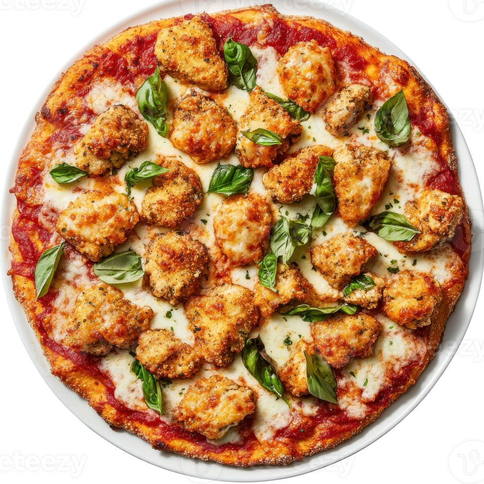 Delicious Chicken Parmesan Pizza from a Top View for Culinary Inspiration on transparent background png