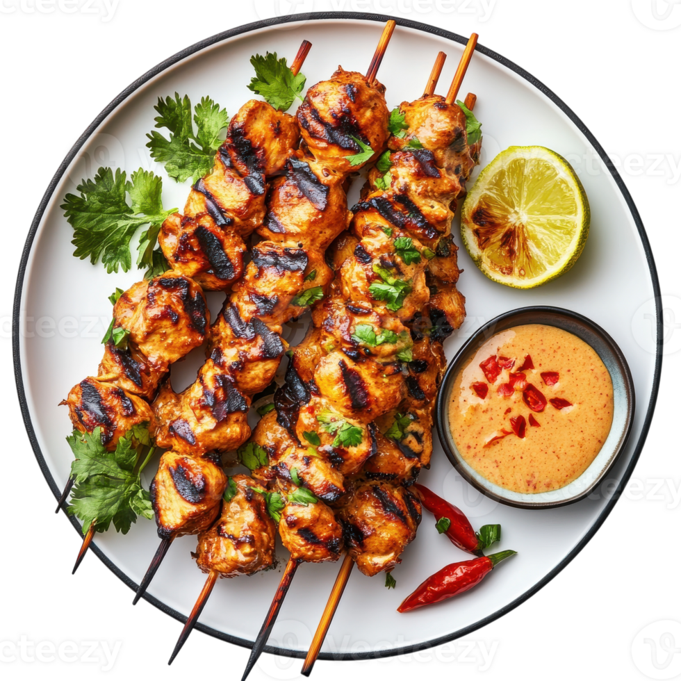 Delicious Chicken Satay Skewers with Peanut Sauce for Your Next Party or Gathering on transparent background png