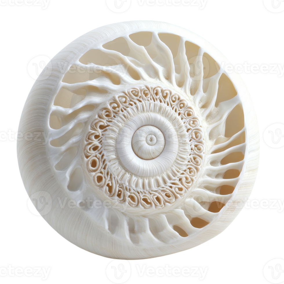 Close Up of a White Seashell with Intricate Spiral Design for Decorative Use on transparent background png