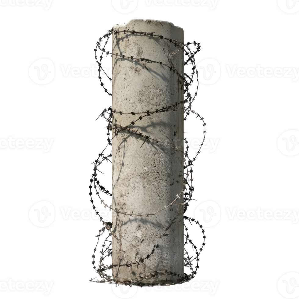 Concrete Pillar Surrounded by Barbed Wire for Security and Isolation on transparent background png