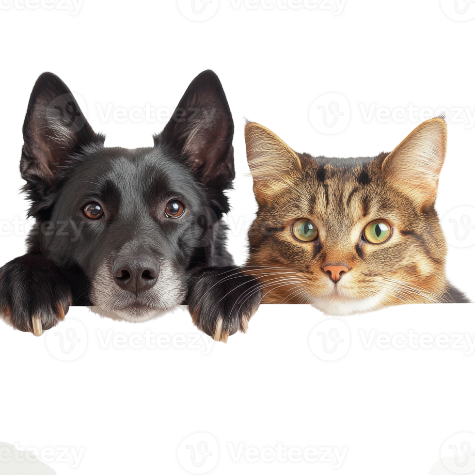 Dog and Cat Peeking Over a Banner on White Background on transparent background png
