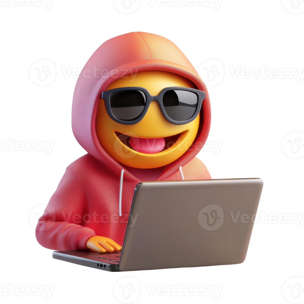 A cartoon emoji wearing sunglasses and a hoodie is using a laptop png